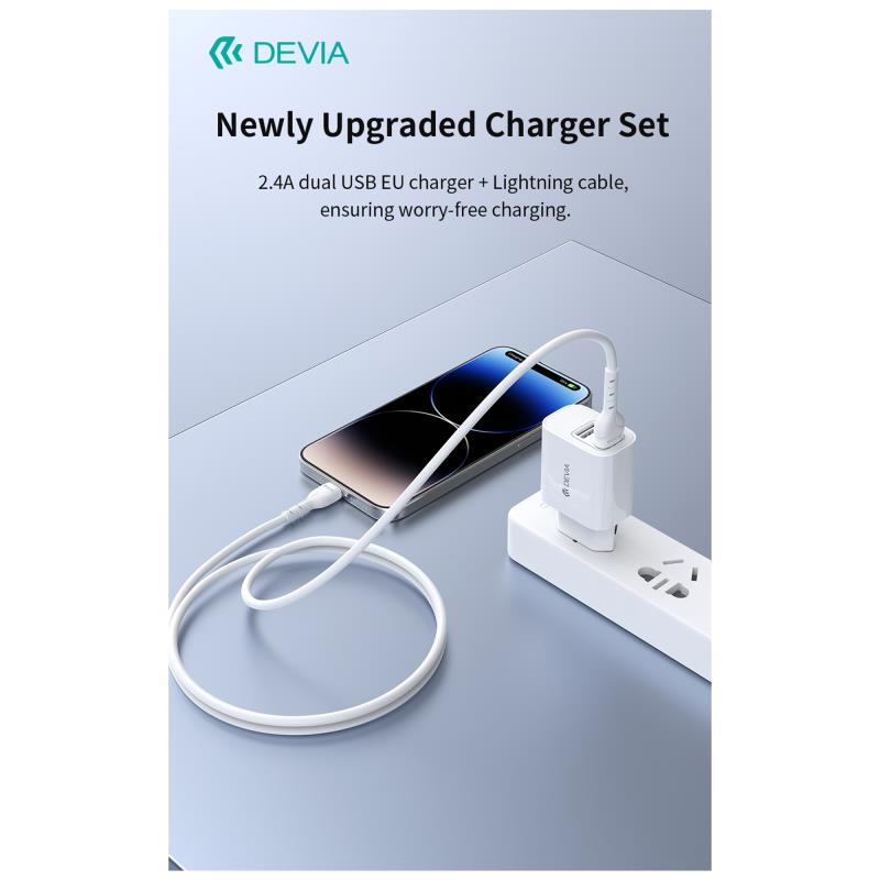 Φορτιστής Ταξιδίου Devia RLC-342 με Διπλή Έξοδο 2xUSB A 12W & Καλώδιο USB A σε Lightning 1m Lite2 Λευκό