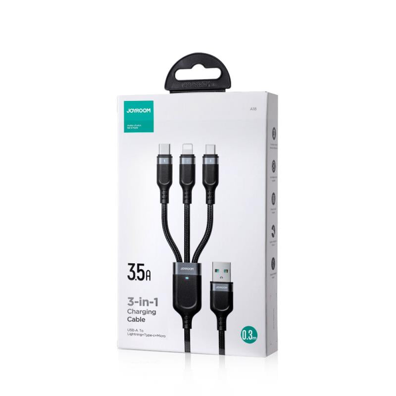 Καλώδιο Σύνδεσης USB 2.0 3 σε 1 Joyroom Braided S-1T3018A18 USB A σε Micro USB & USB C & Lightning 10W 0.30m Μαύρο