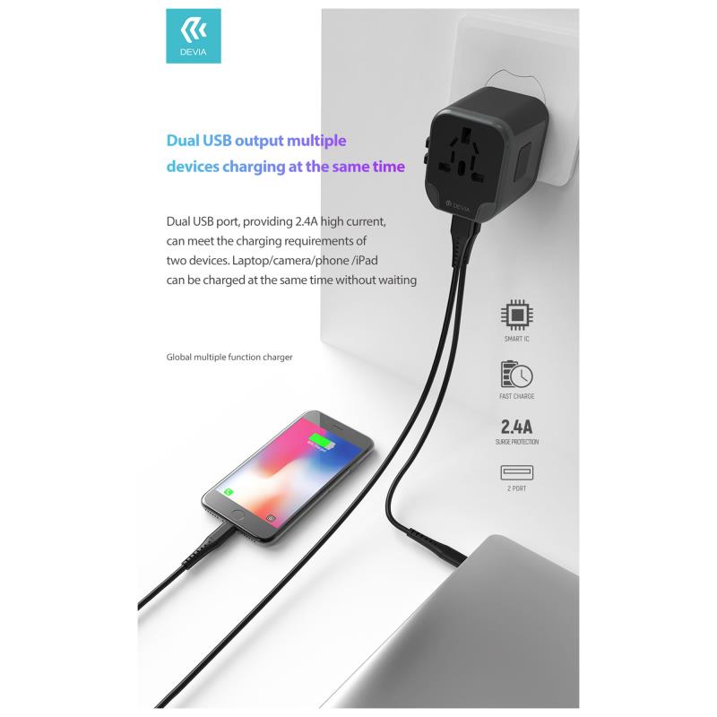 Devia EA206 Global Multi-Function Adapter EU, UK, US & 2xUSB A Black
