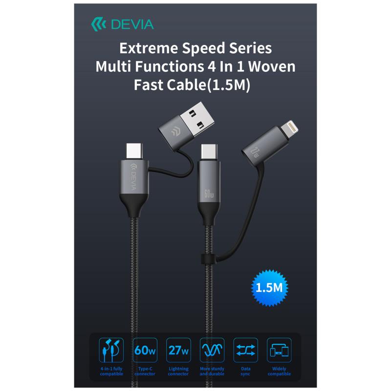 Καλώδιο Σύνδεσης USB 2.0 4 σε 1 Braided Devia EC504 USB C σε USB A & USB C & Lightning PD 60W & 27W 1.5m Extreme Μαύρο