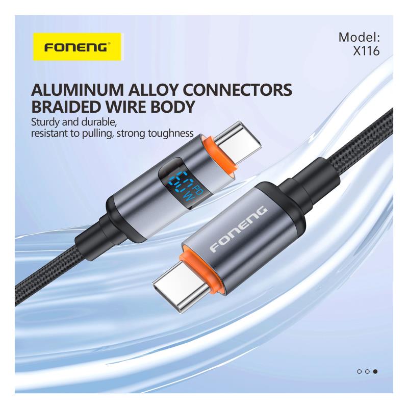 Καλώδιο Σύνδεσης USB 2.0 Foneng X116 Power Display Aluminum Alloy Braided USB C σε USB C 60W 1.2m Μαύρο