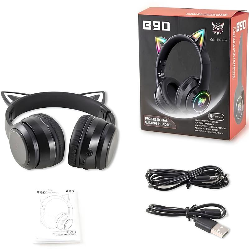 Ασύρματα Ακουστικά Κεφαλής Onikuma B90 Gaming με Αυτιά Γάτας RGB Μαύρο