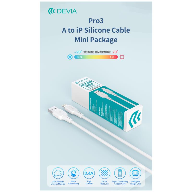 Καλώδιο Σύνδεσης USB 2.0 Devia EC630 USB A σε Lightning 2.4A Silicone Pro3 1m Λευκό