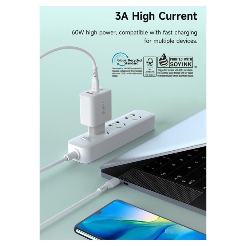 Καλώδιο Σύνδεσης USB 2.0 Devia EC636 USB C σε USB C PD 60W 1m GRS Λευκό