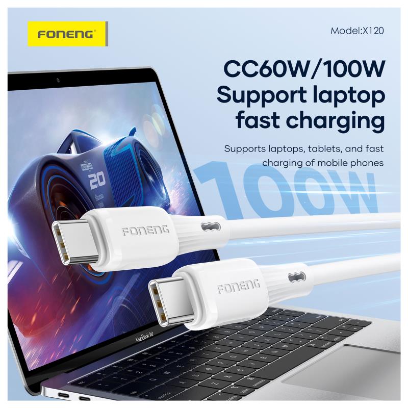 Καλώδιο Σύνδεσης USB 2.0 Foneng X120 Silicone USB C σε USB C 100W 1m Λευκό