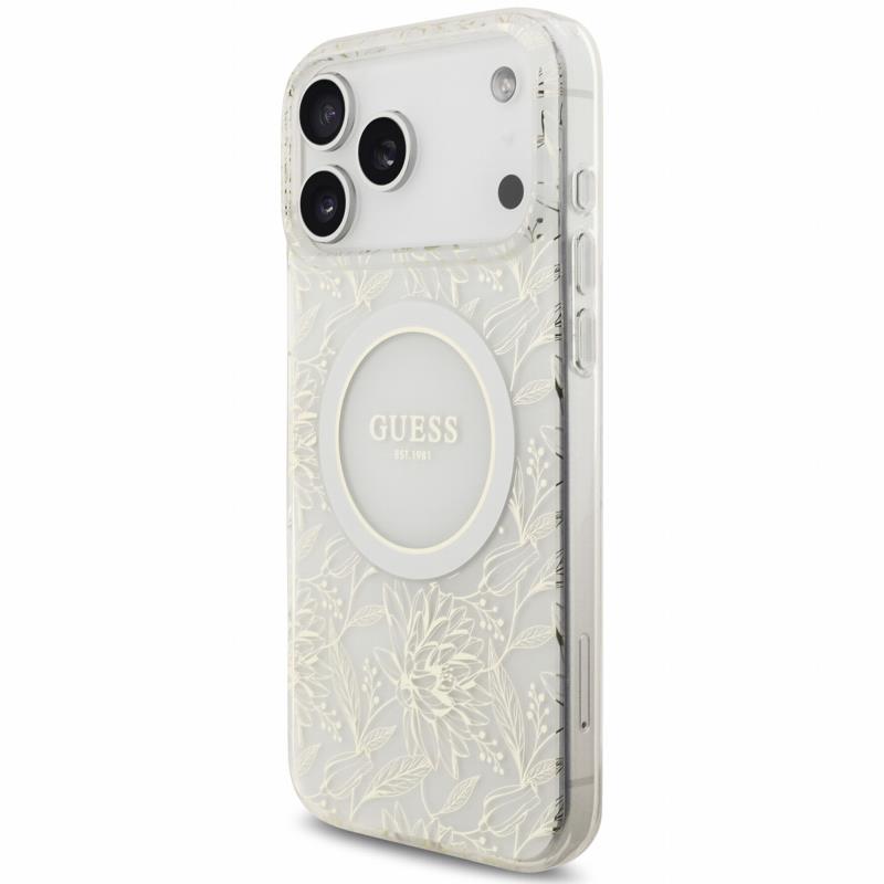 Θήκη PU/ Silicon Guess Magsafe Apple iPhone 18 Pro Max/ 17 Pro Max IML Flowers με Pearl Strap Λευκό