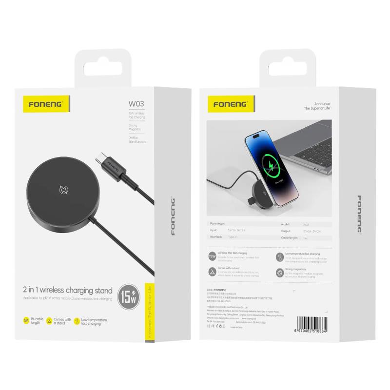 Ασύρματη Βάση Φόρτισης Μαγνητική Mini Foneng W03 15W με Stand & Καλώδιο 1m Μαύρο
