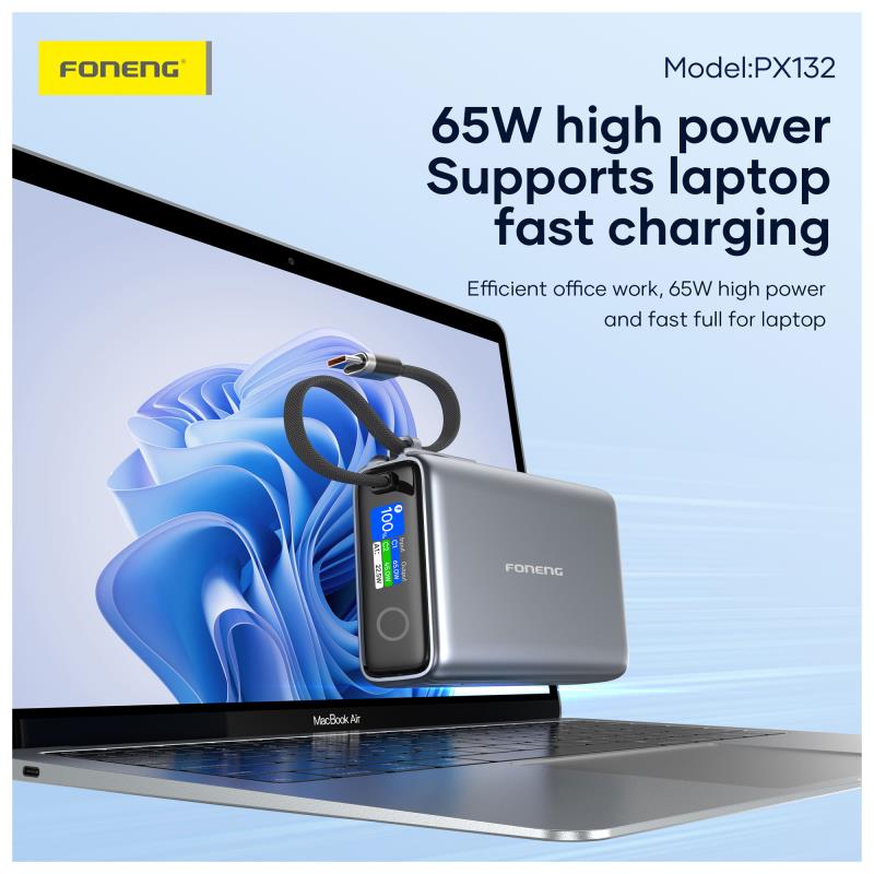Φορτιστής Ανάγκης Foneng PX132 65W 20000mAh με Έγχρωμη Οθόνη Σκούρο Γκρι