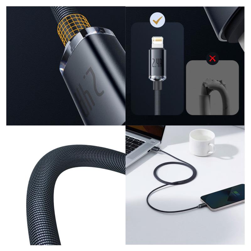 Καλώδιο Σύνδεσης USB 2.0 Baseus Crystal Shine USB A σε Lightning 12W 2.4A 1.2m Μωβ