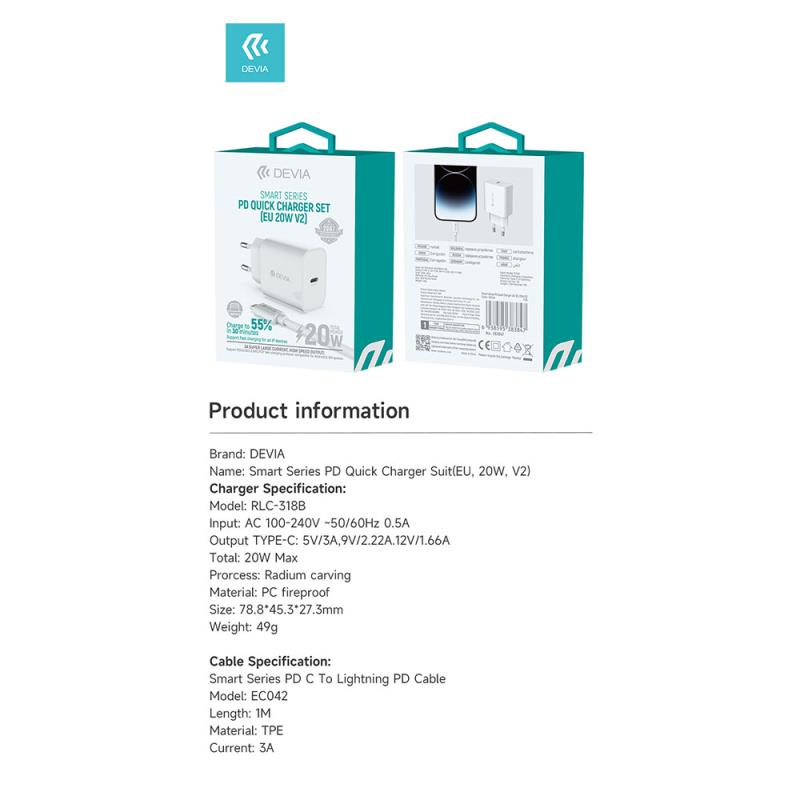 Devia Suit RLC-381B 20W USB C PD Fast Travel Charger & 1m USB C to Lightning Smart Cable White