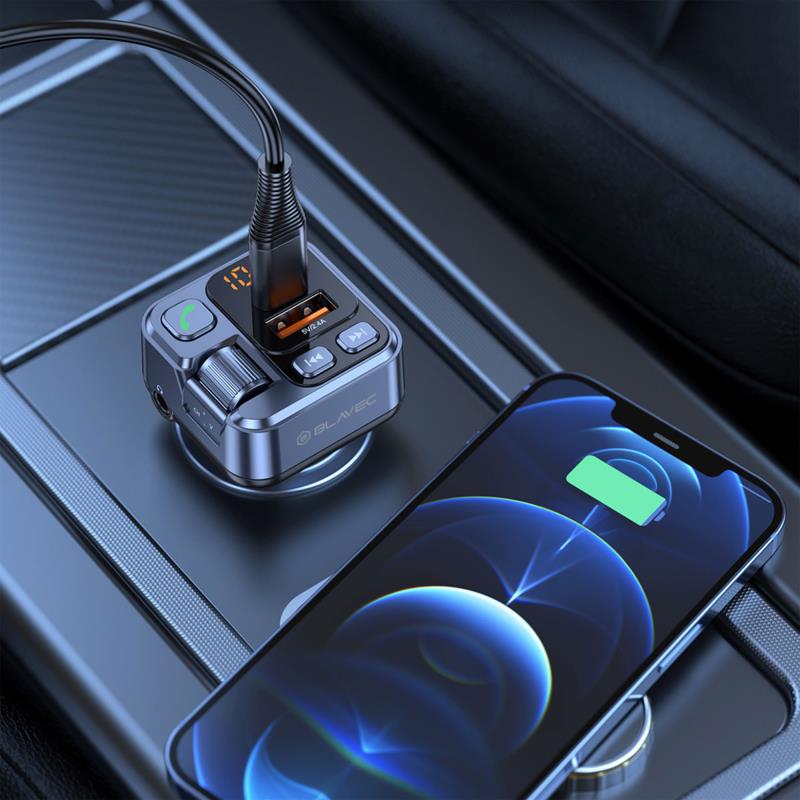 Blavec TR-05 Fast Charging Car Charger with Dual USB A & USB C PD 30W Output & Bluetooth MP3 & FM Black