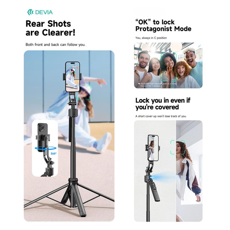 Ασύρματο Selfie Stick & Τρίποδο Devia ES086 C17 με AI Face Tracking για Smartphones Πλάτους 65 έως 95mm Μαύρο