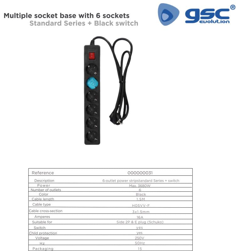 Πολύπριζο GSC 6 Θέσεων με Διακόπτη & Καλώδιο 1.5m (3 x 1.5mm) Μαύρο