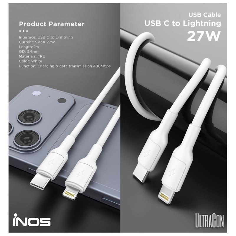 Καλώδιο Σύνδεσης USB 2.0 inos UltraCon USB C σε Lightning 27W 1m Λευκό
