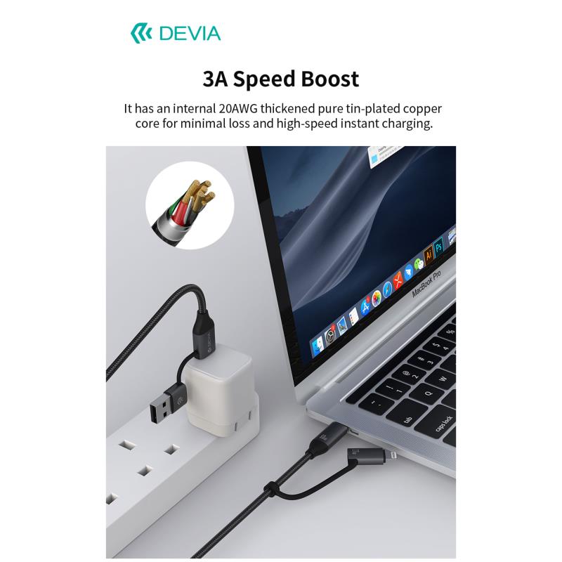 Καλώδιο Σύνδεσης USB 2.0 4 σε 1 Braided Devia EC504 USB C σε USB A & USB C & Lightning PD 60W & 27W 1.5m Extreme Μαύρο