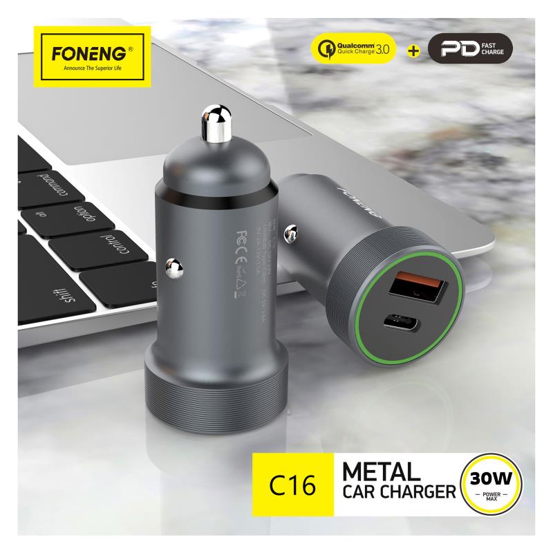 Φορτιστής Αυτοκινήτου Ταχείας Φόρτισης Foneng C16 με Διπλή Έξοδο USB A & USB C 30W Γκρι