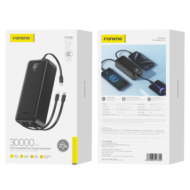 Φορτιστής Ανάγκης Foneng PX108 22.5W 30000mAh με 3 Ενσωματωμένα Καλώδια Μαύρο