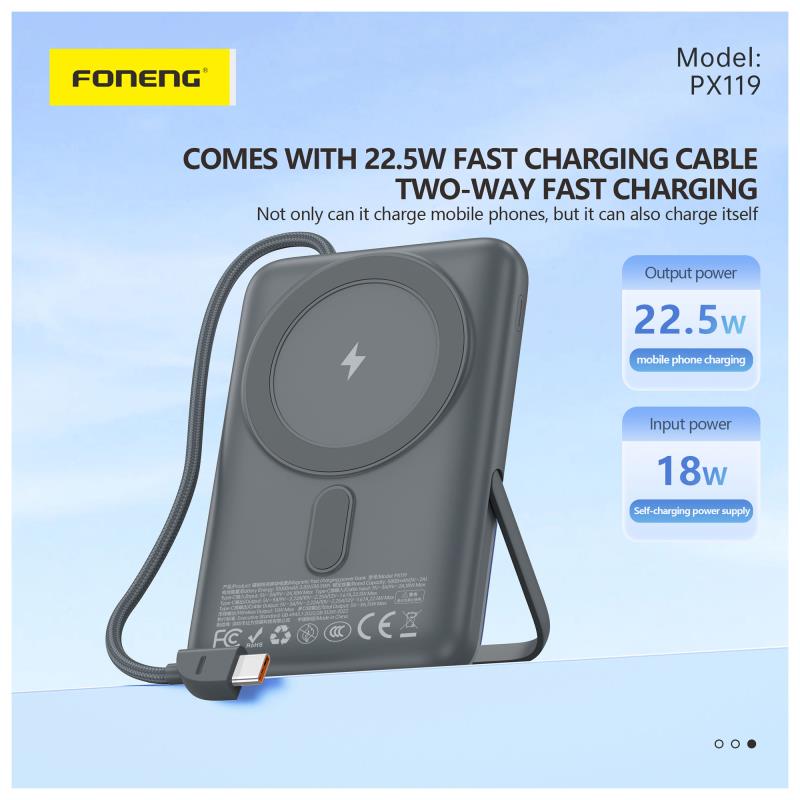 Φορτιστής Ανάγκης Foneng PX119 22.5W 10000mAh Magnetic Wireless με Ενσωματωμένο Καλώδιο & Stand Σκούρο Γκρι