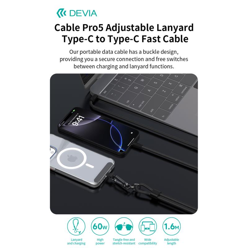 Καλώδιο Σύνδεσης USB 2.0 Woven Adjustable Lanyard Devia EC428 USB C σε USB C PD 60W 1.6m Cable Pro5 Ροζ