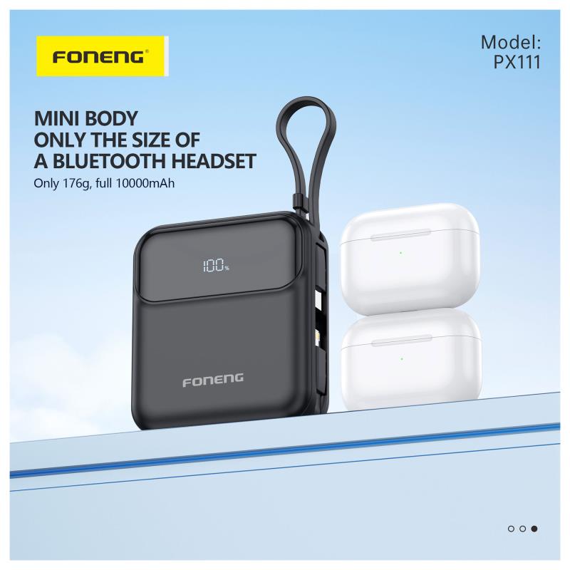 Φορτιστής Ανάγκης Foneng PX111 22.5W 10000mAh PD Mini με 2 Ενσωματωμένα Καλώδια Μαύρο