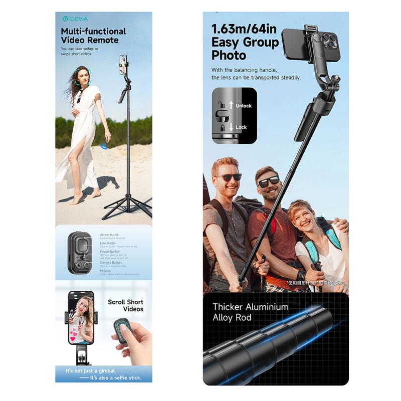 Ασύρματο Selfie Stick & Τρίποδο Devia ES086 C17 με AI Face Tracking για Smartphones Πλάτους 65 έως 95mm Μαύρο