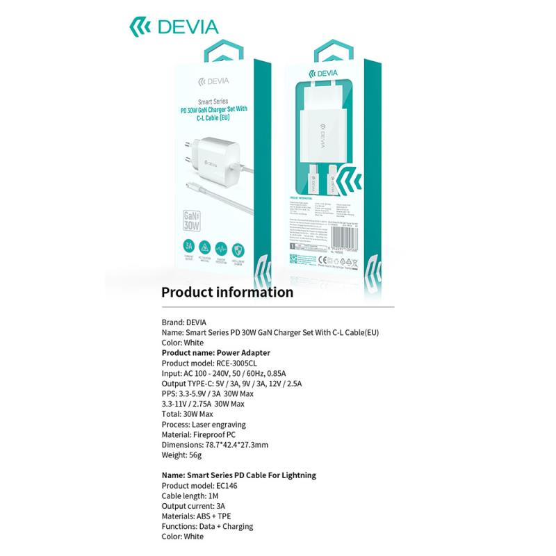 Φορτιστής Ταξιδίου Ταχείας Φόρτισης Devia RCE-3005CL με Έξοδο USB C GaN PD 30W & Καλώδιο USB C σε Lightning 1m Smart Λευκό