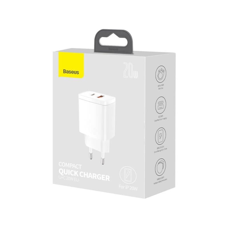 Φορτιστής Ταξιδίου Ταχείας Φόρτισης Baseus Compact με Διπλή Έξοδο USB A & USB C PD QC 20W 3A Λευκό