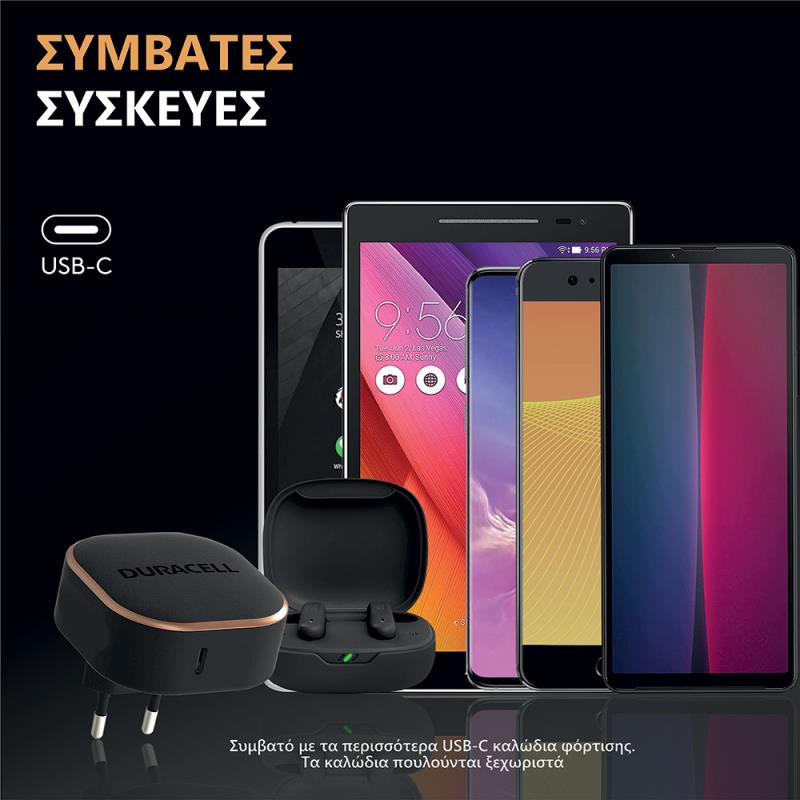 Φορτιστής Ταξιδίου Duracell με Έξοδο USB C PD 20W Μαύρο