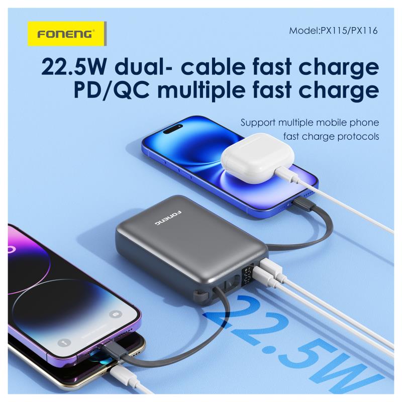 Φορτιστής Ανάγκης Foneng PX115 22.5W 10000mAh PD Mini με 2 Ενσωματωμένα Καλώδια Σκούρο Γκρι