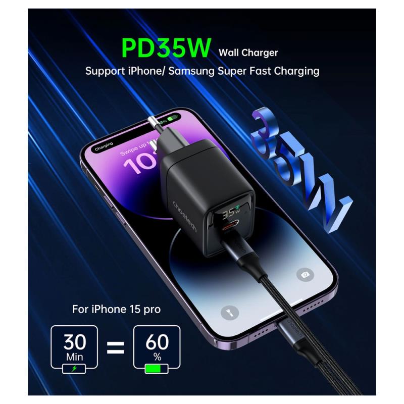 Φορτιστής Ταξιδίου Ταχείας Φόρτισης Choetech PD6051 με Διπλή Έξοδο 2xUSB C GaN PD 35W Μαύρο