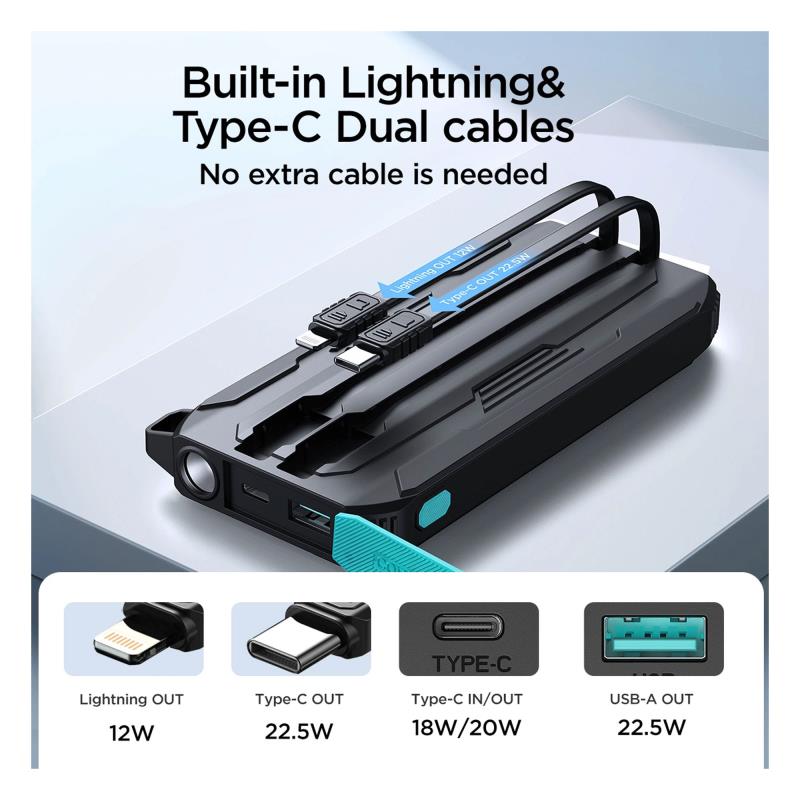 Φορτιστής Ανάγκης Joyroom JR-L017 22.5W 10000mAh PD με Φακό & 2 Ενσωματωμένα Καλώδια Μαύρο
