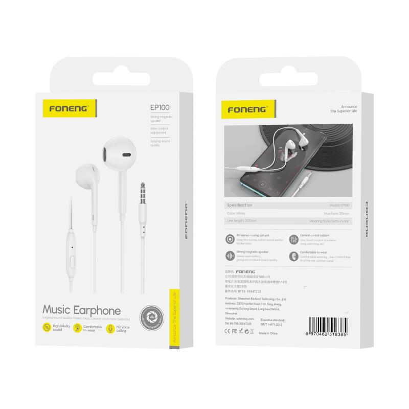 Hands Free Stereo Foneng EP100 3.5mm Λευκό