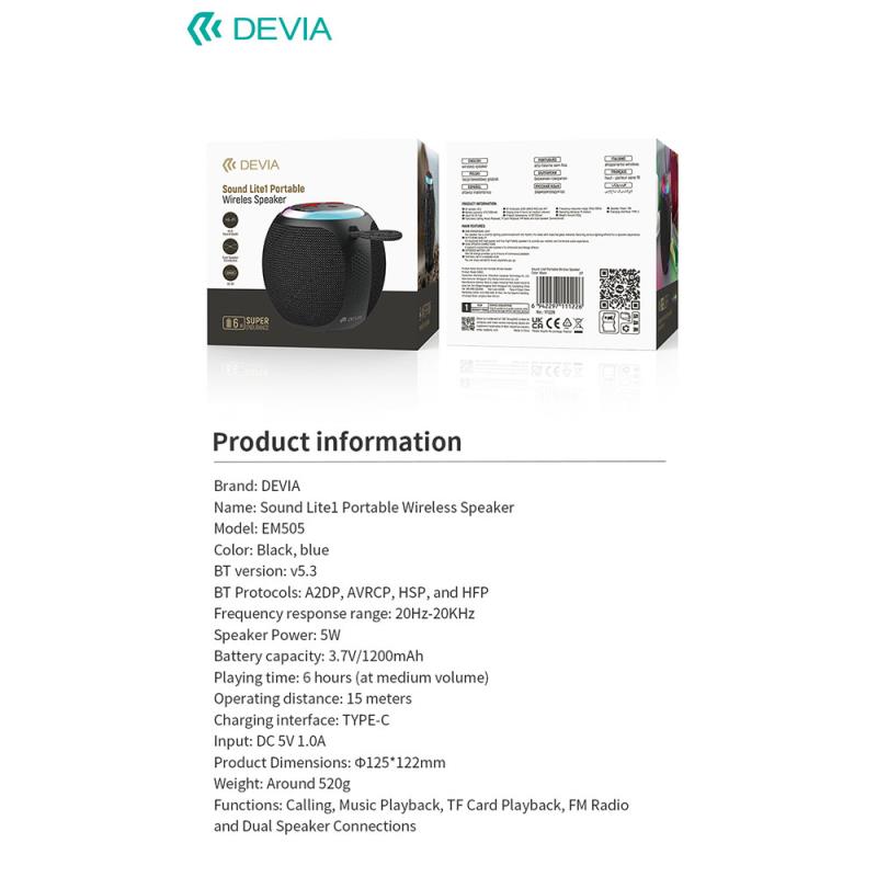Φορητό Ηχείο Bluetooth Devia EM505 Sound Lite1 5W Μαύρο