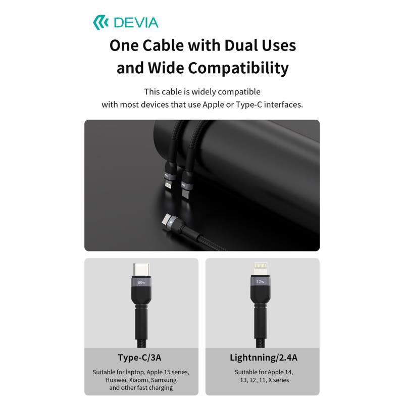 Καλώδιο Σύνδεσης USB 2.0 2 σε 1 Braided Devia EC648 USB C σε USB C & Lightning PD 60W & 12W 1.2m Extreme Μαύρο