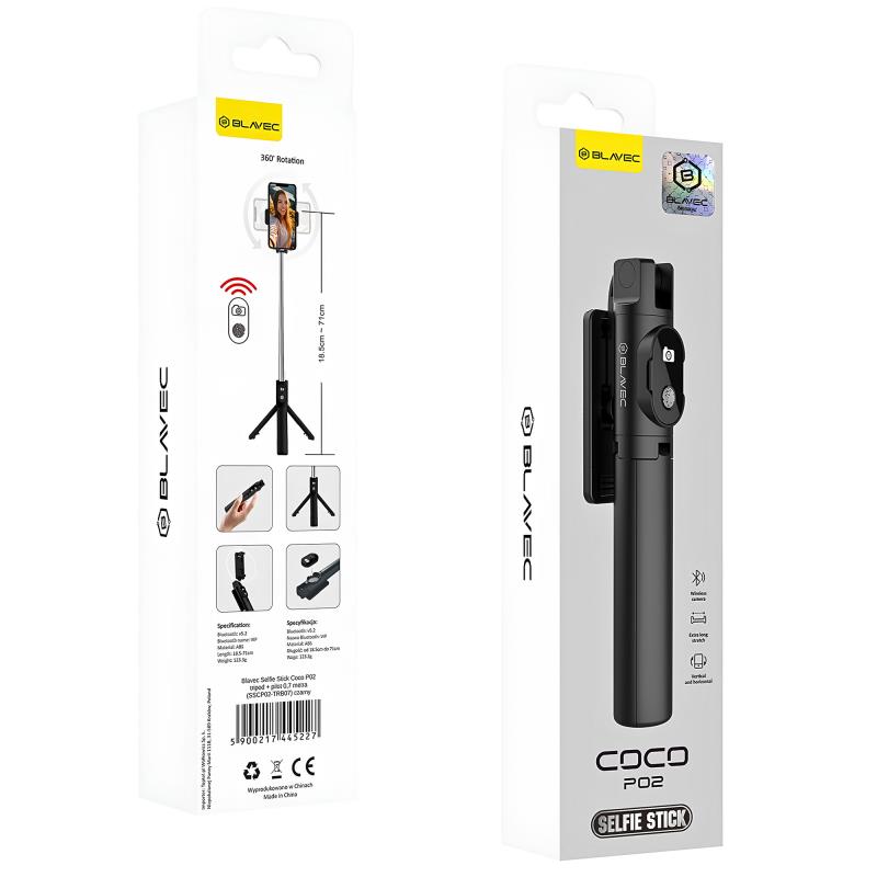 Ασύρματο Selfie Stick & Τρίποδο Blavec Coco P02 με Τηλεχειριστήριο για Smartphones Πλάτους 65mm έως 95mm Μαύρο