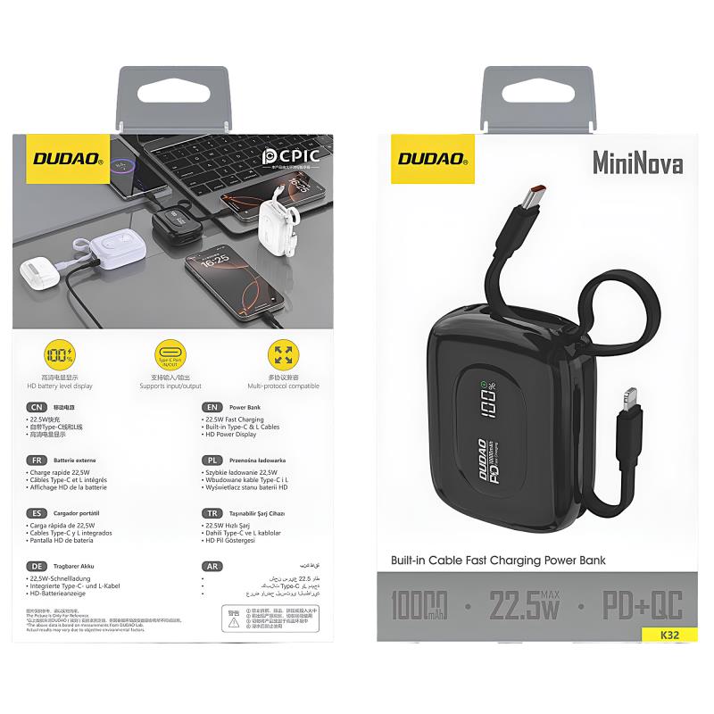 Φορτιστής Ανάγκης Dudao K32 22.5W 10000mAh με 2 Ενσωματωμένα Καλώδια Μαύρο