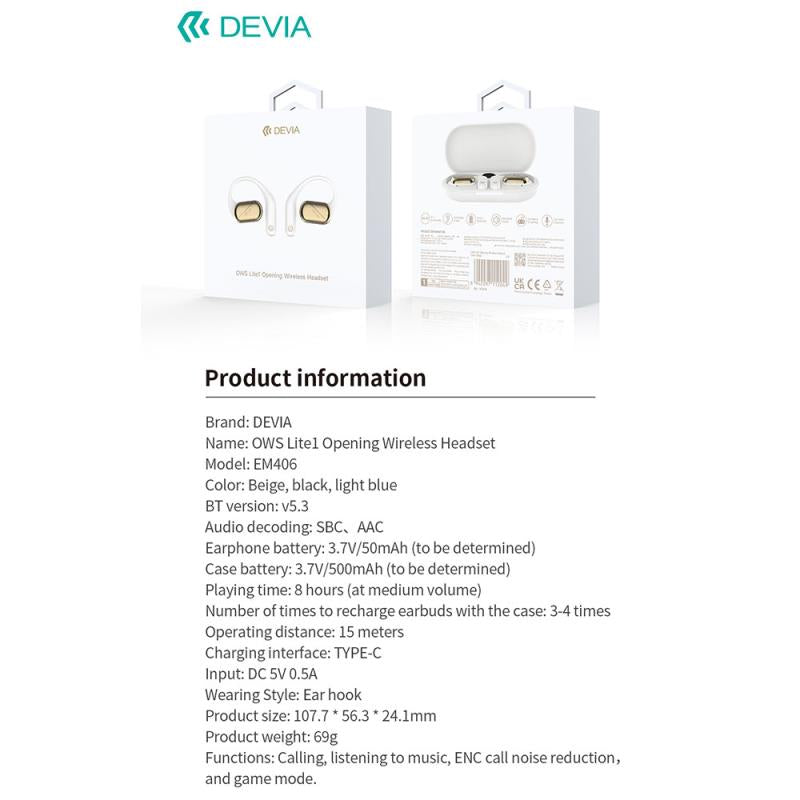 True Wireless Ακουστικά Bluetooth Devia EM406 OWS Lite1 Μπεζ