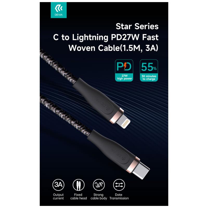 Καλώδιο Σύνδεσης USB 2.0 Woven Devia EC418 Braided USB C σε Lightning PD 27W 1.5m Star Λευκό