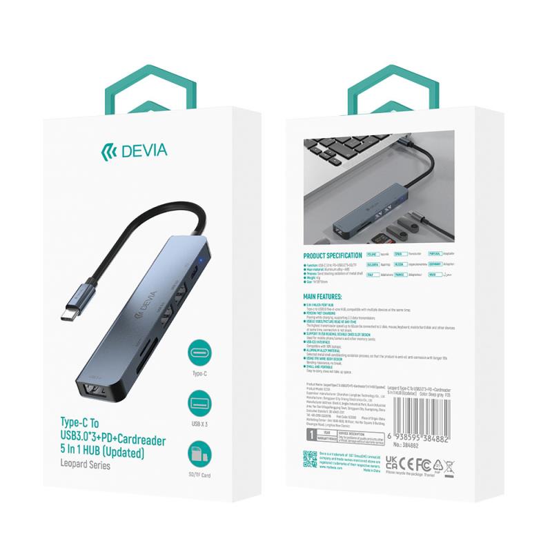 Hub USB C Devia EC135 5 σε 1 (Updated) με Card Reader Leopard PD Σκούρο Γκρι