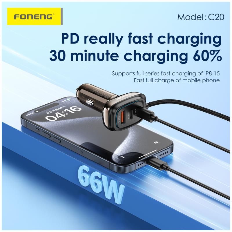 Φορτιστής Αυτοκινήτου Ταχείας Φόρτισης Foneng C20 με Τριπλή Έξοδο USB A & 2xUSB C 66W & Ενσωματωμένο Καλώδιο USB C Μαύρο