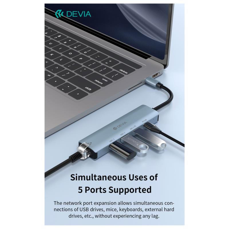Hub USB C Devia EC701 5 σε 1 PD 100W RJ45 Leopard Γκρι