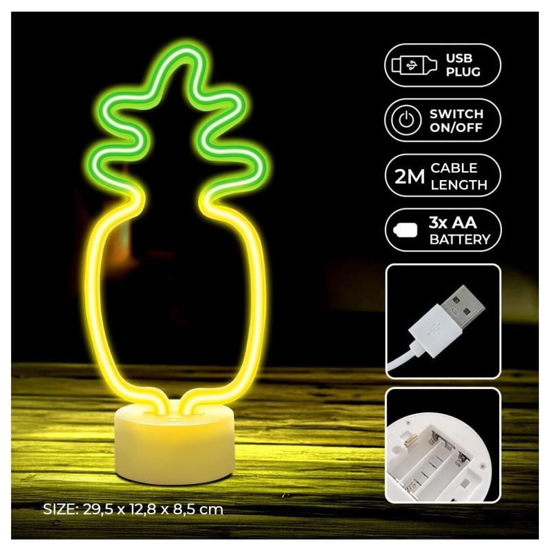 Neon LED Forever Light FSC-12 PINEAPPLE (USB/Μπαταρίας & On/Off) με Stand Κίτρινο-Πράσινο