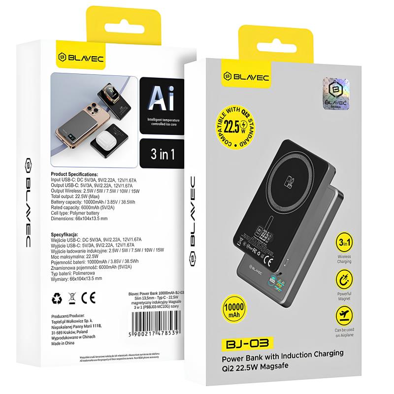 Φορτιστής Ανάγκης Blavec BJ-03 22.5W 10000mAh 3 σε 1 Magnetic Γκρι