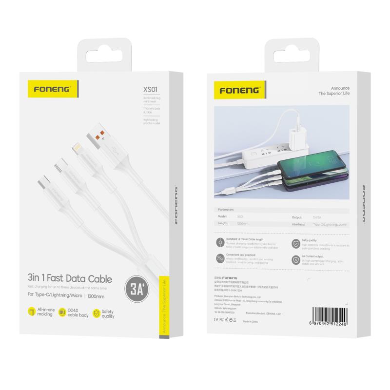 Καλώδιο Σύνδεσης USB 2.0 Foneng XS01 3in1 USB A σε Micro USB & USB C & Lightning 3A 15W 1.2m Λευκό