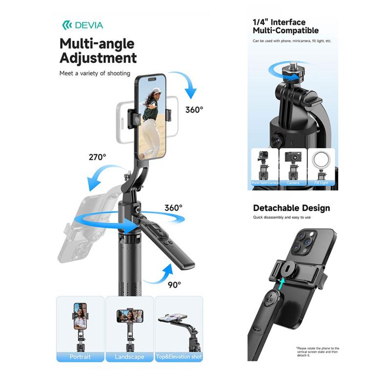 Ασύρματο Selfie Stick & Τρίποδο Devia ES086 C17 με AI Face Tracking για Smartphones Πλάτους 65 έως 95mm Μαύρο