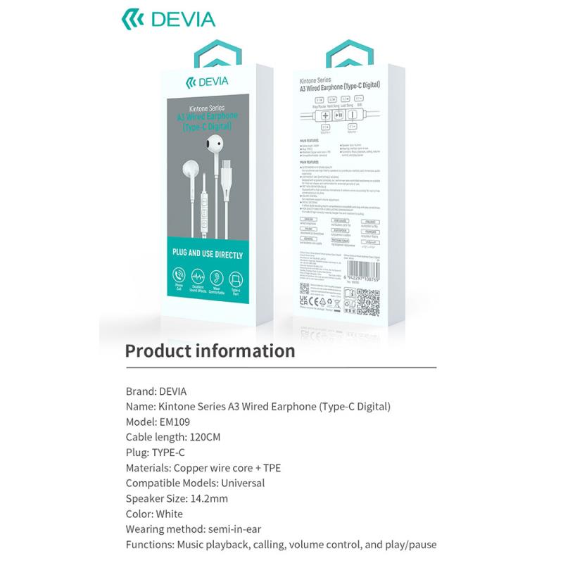 Hands Free Stereo A3 Devia EM109 USB C Kintone Λευκό