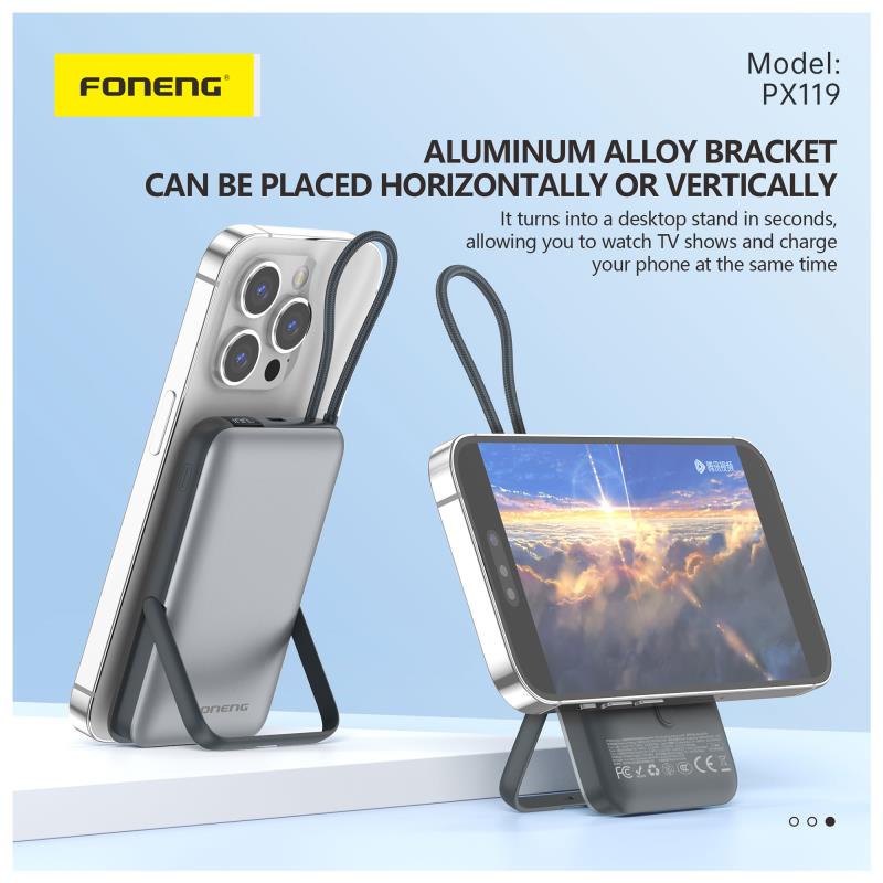 Φορτιστής Ανάγκης Foneng PX119 22.5W 10000mAh Magnetic Wireless με Ενσωματωμένο Καλώδιο & Stand Σκούρο Γκρι