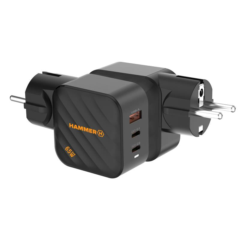 Φορτιστής Ταξιδίου Ταχείας Φόρτισης Hammer RapidCharge Duo με Τριπλή Έξοδο USB A & 2xUSB C PD 65W Μαύρο