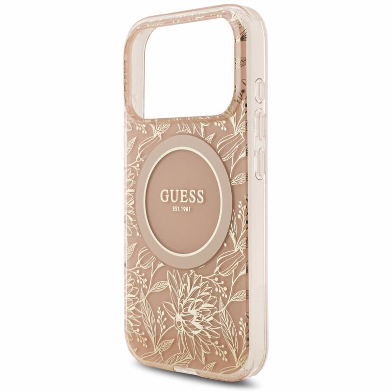 Θήκη PU/ Silicon Guess Magsafe Apple iPhone 18 Pro/ 17 Pro IML Flowers με Pearl Strap Ροζ