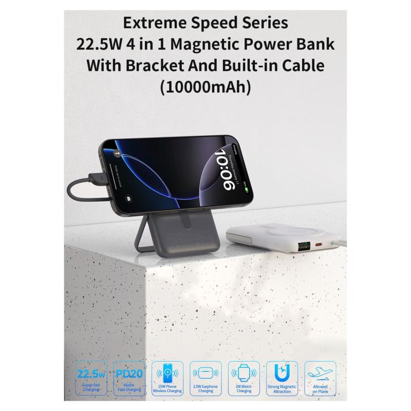 Φορτιστής Ανάγκης Devia EP203 22.5W 10000mAh Magnetic 4 σε 1 με Βραχίονα Στήριξης & Ενσωματωμένο Καλώδιο Extreme Speed Γκρι
